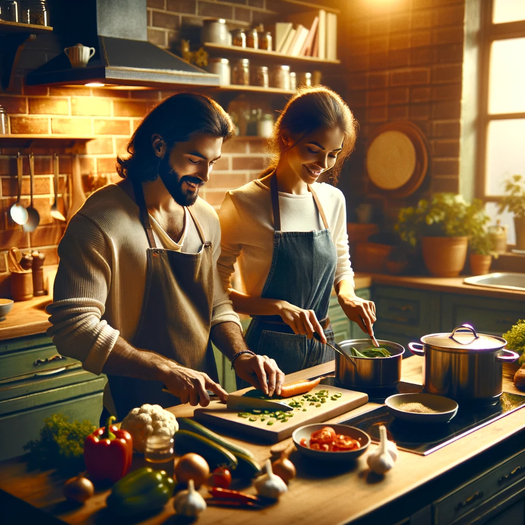 Couple cooking together in the kitchen