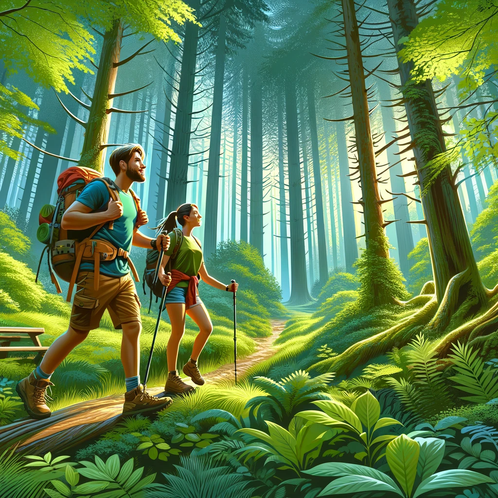 Couple hiking through a lush forest